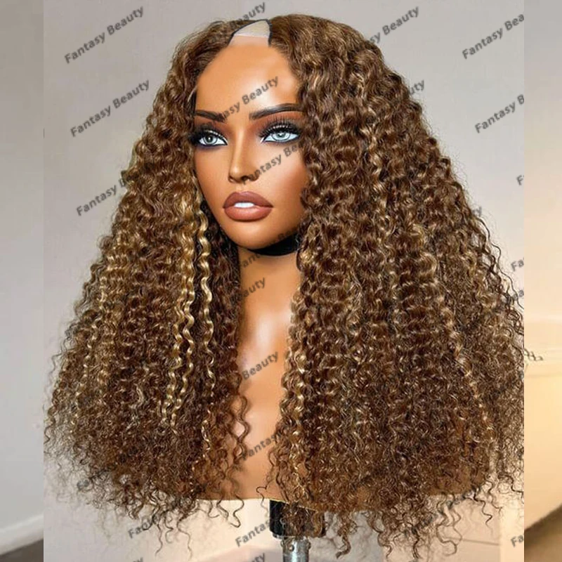 

100% Human Hair Bayalage Highlight Golden Brown Blonde Human Hair 1x4 Size U Part Wigs for Women 250Density Afo Kinky Curly Wigs