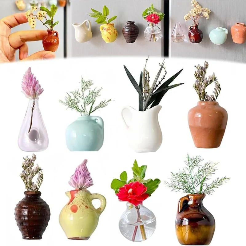 8 mini imanes de nevera con forma de jarrón de cerámica. Ideales para manualidades. Incluyen pegatinas con mensajes y diseños de flores y plantas para decorar la cocina. - Image 6