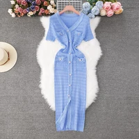 YuooMuoo 2026 New Arrival Women Knitted Long Dress Elegant V-neck Single-breasted Split Sweater Dress Office Lady Vestidos