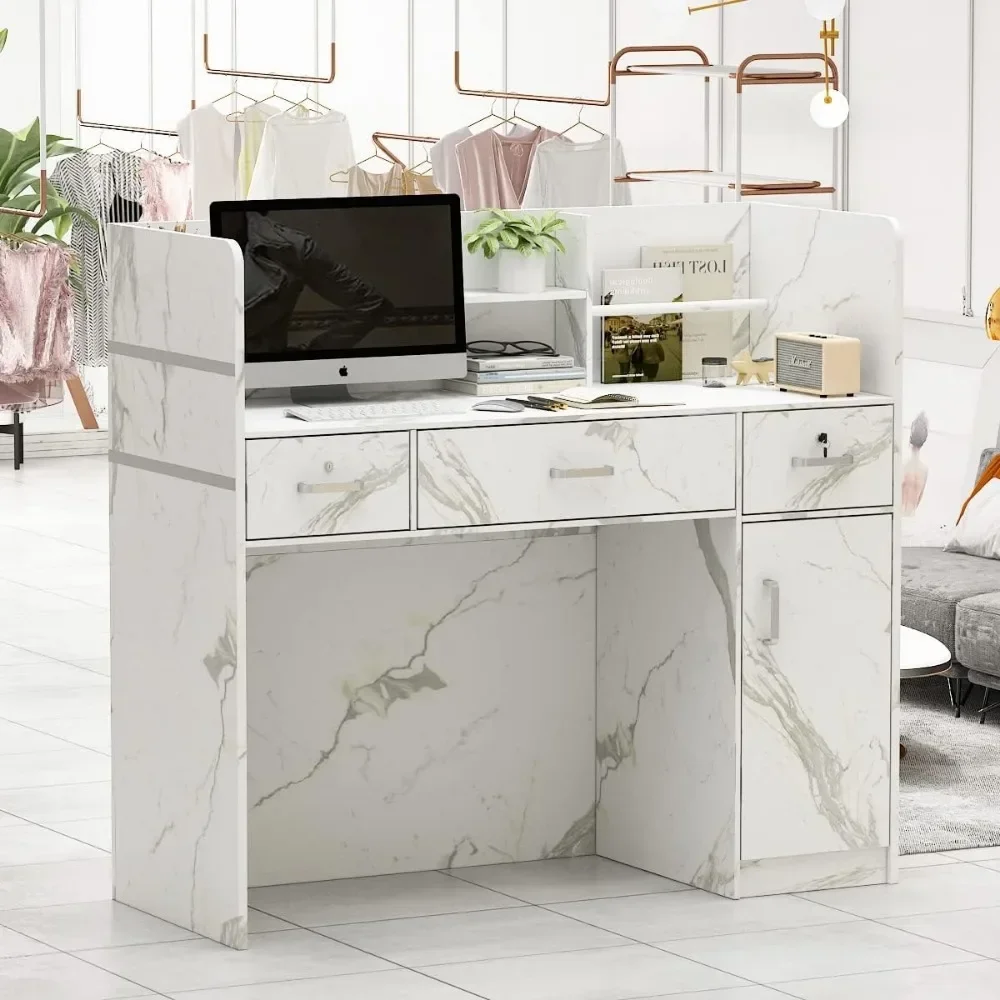 Reception Desk with Counter, 3 Drawers & Storage Shelves, Reception Counter Table with Private Panels, for Salon Room
