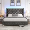 Bed Frame Queen Size with Wingback Headboard & LED Lights & Charging Station Modern Upholstered Platform with Diamond Button Tuf 1