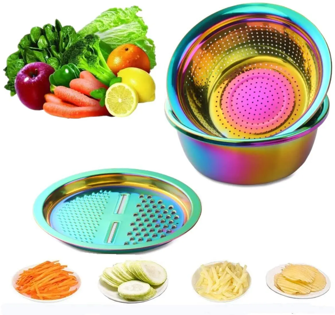 3pcs/set Stainless Steel Gold Vegetable Slicer Potato Peeler Round Bowl Strainer Basket Set