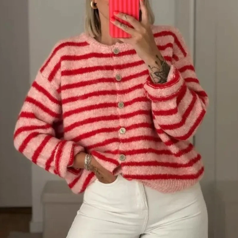 Deeptown Y2k Pink Striped Elegant Women Cardigan Contrast Color Long Sleeve Korean Fashion Sweaters Loose Basic Casual Winter