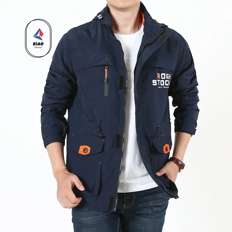 Spring Autumn Men's Jacket Trendy Sports Washable Wrinkle Resistant Windbreaker Outdoor Camping Detachable Hat Breathable Coat