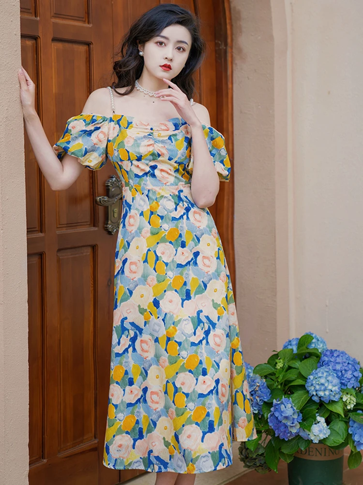 

Summer new women's Bohemian travel beach wind seaside square collar retro oil painting printing halters long dress