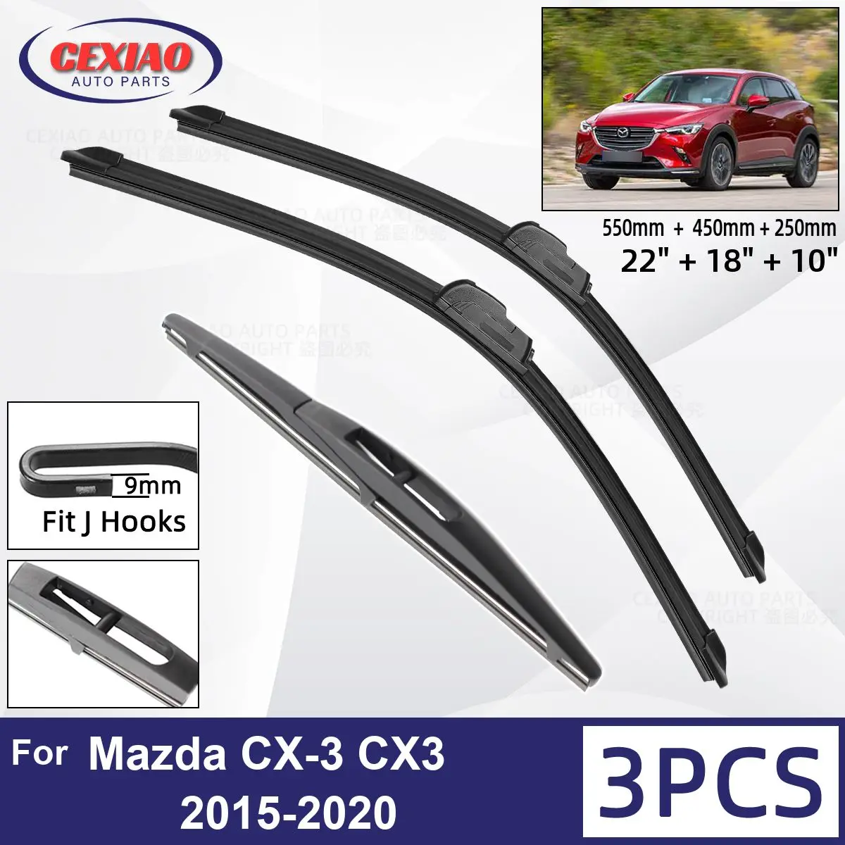

For Mazda CX-3 CX3 2015-2020 Car Front Rear Wiper Blades Soft Rubber Windscreen Wipers Auto Windshield 22"18"10" 2017 2018 2019