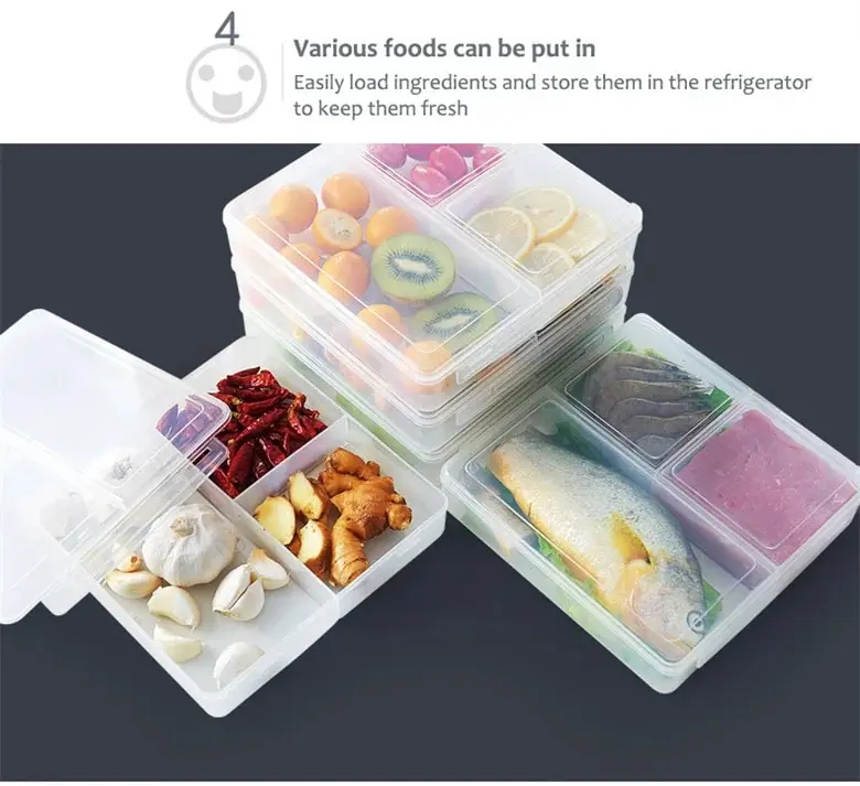 3 Grids Food Storage Box Container Fruit Vegetable Refrigerator Freezer Organizers Sub-Packed Meat Ginger Kitchen Accessories