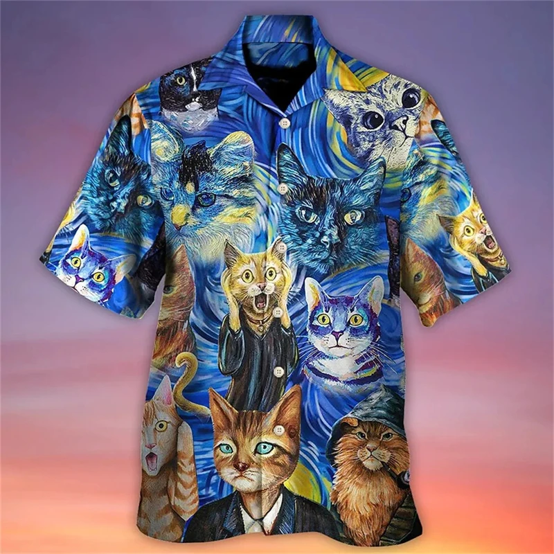 thumbnail image 1 of Camisa hawaiana divertida para hombre, sudadera playera con estampado de gato y música en 3D, camisa de manga corta de diseñador callejero, ropa para hombre de alta calidad, 1 of 5