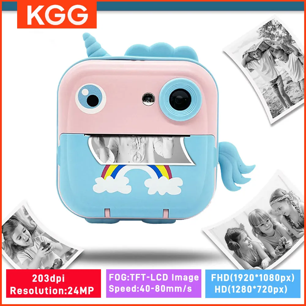 어린이 인스턴트 카메라 2.4 인치 IPS 스크린 풀 HD 디지털 카메라 끈 그림 인쇄 유니콘 장난감 1200mAh 그림 프린터..