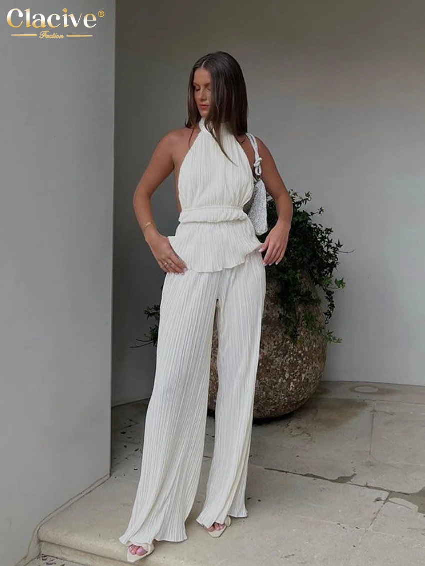 

Clacive Sexy Backless Tank Top Set Woman 2 Piece Summer White Pleated Trouser Suits Female Elegant High Waist Wide Pants Set