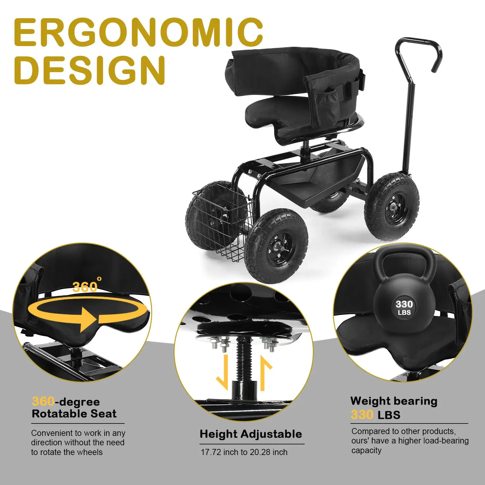 360&deg; Swivel Gardening Cart with Cushioned Seat & Tool Tray Outdoor for planting Stool with Steering Handle Black