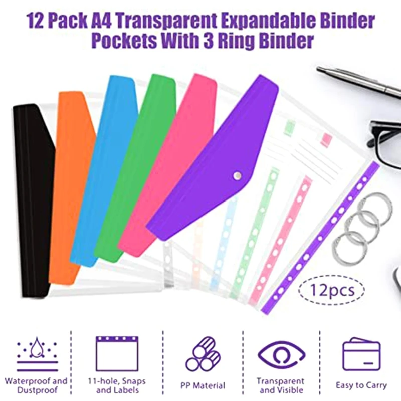 

Папка-бумажник пластиковая прозрачная с 11 отверстиями, 12 шт.