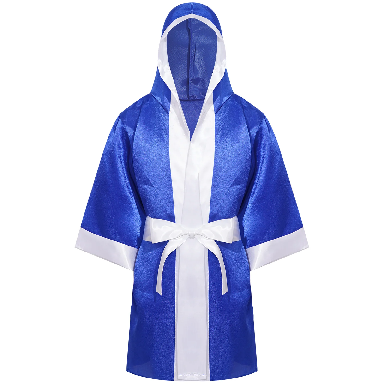 Kids Boys Thai Boxing Robe Boxer Kickboxing Sportswear Satin Hooded Robe Boxing Cloak with Belt Practice Halloween Costume