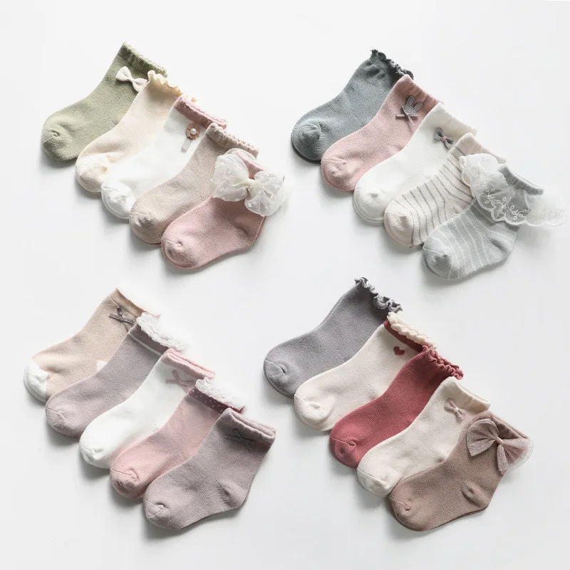 

5 Pairs Spring And Autumn New Children's Socks Bow Lace Accessories Girls Socks Middle Tube Children Socks 2022