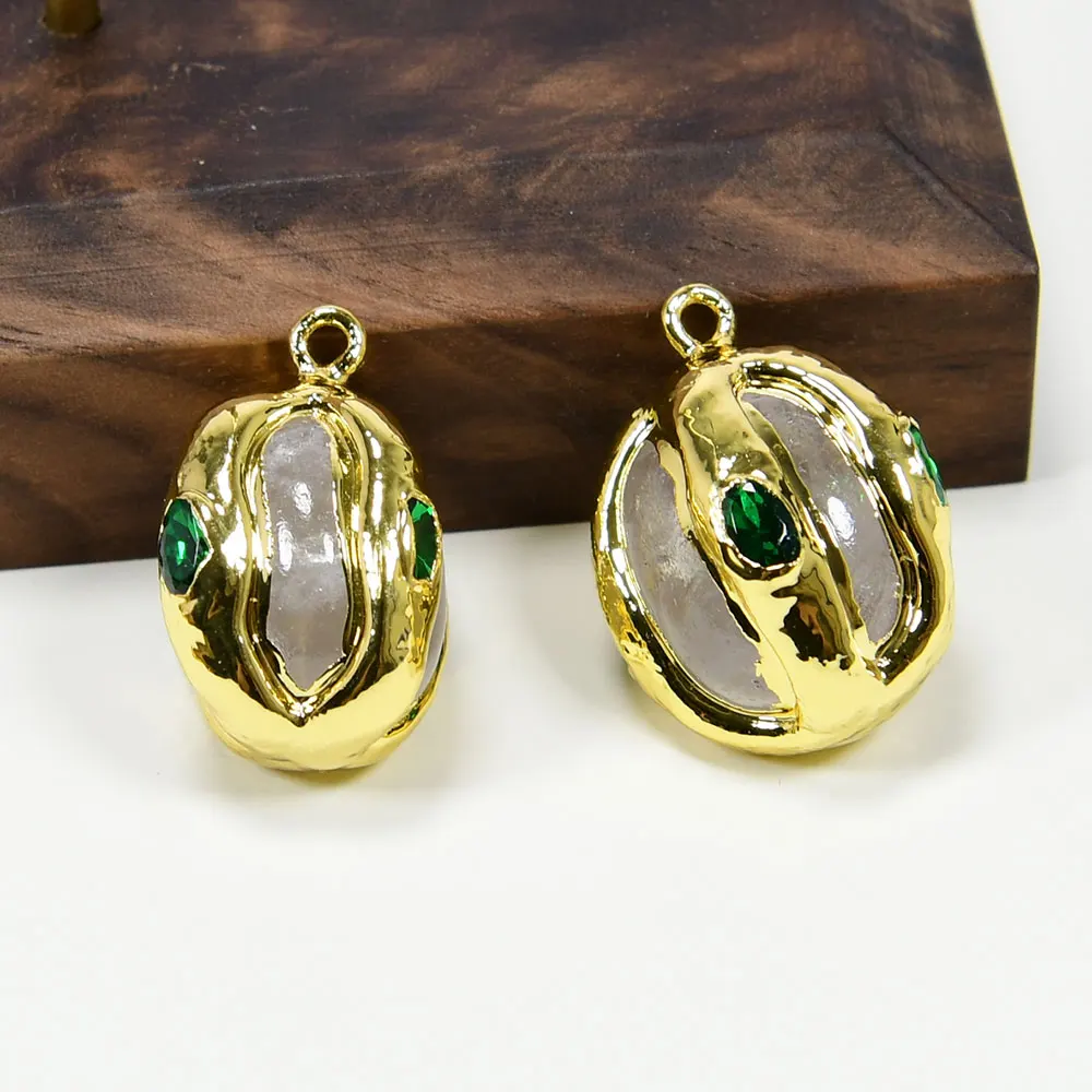 APDGG 5 Pcs Natural White Quartz Gold Plated Green Crystal Paved Charms Pendant For Lady Pearl Necklace Jewelry Making DIY