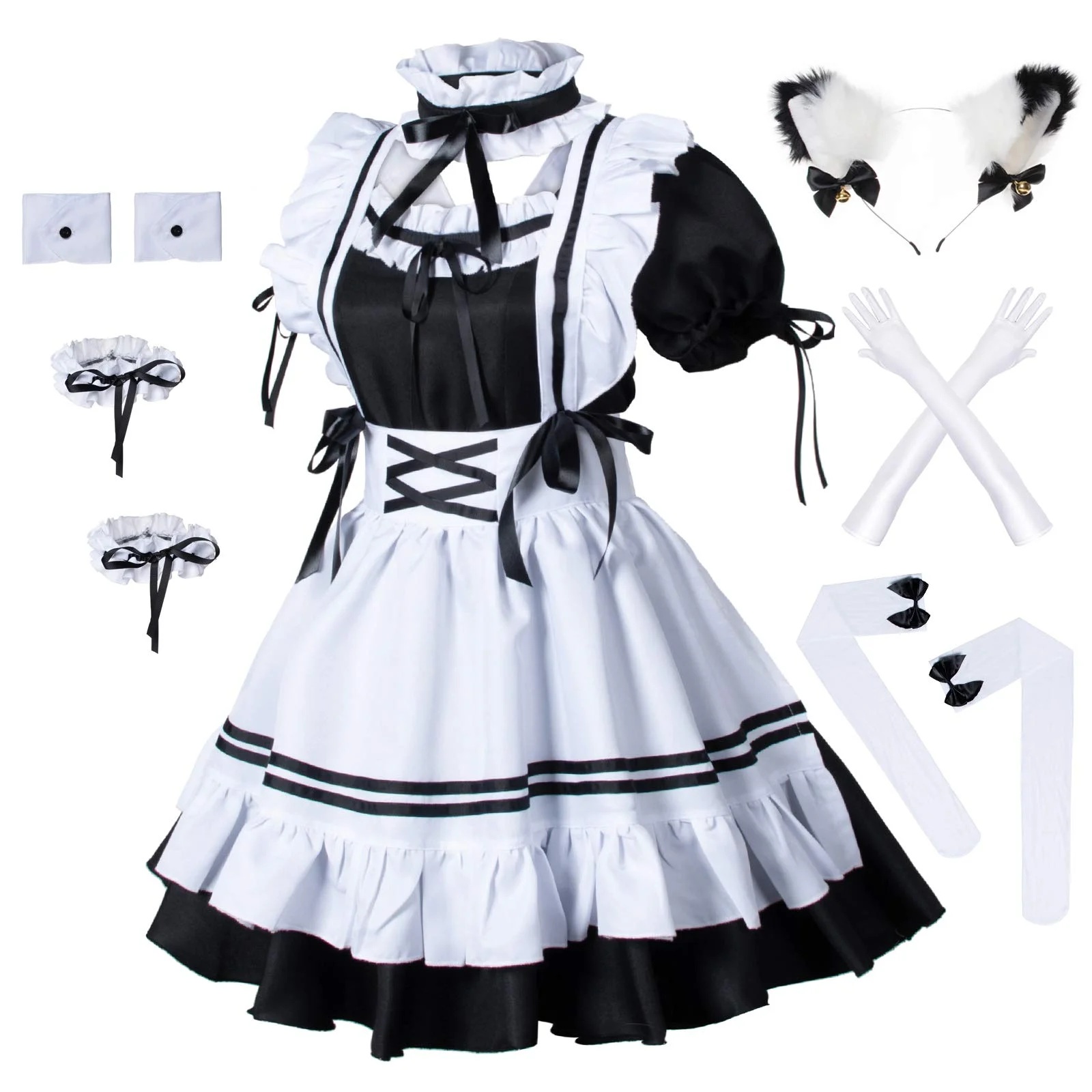 

Lolita Maid Dress New Style Japanese Anime Cosplay Sweet Classic Lolita Fancy Apron Maid Dress with Socks Gloves Set FOR WOMEN