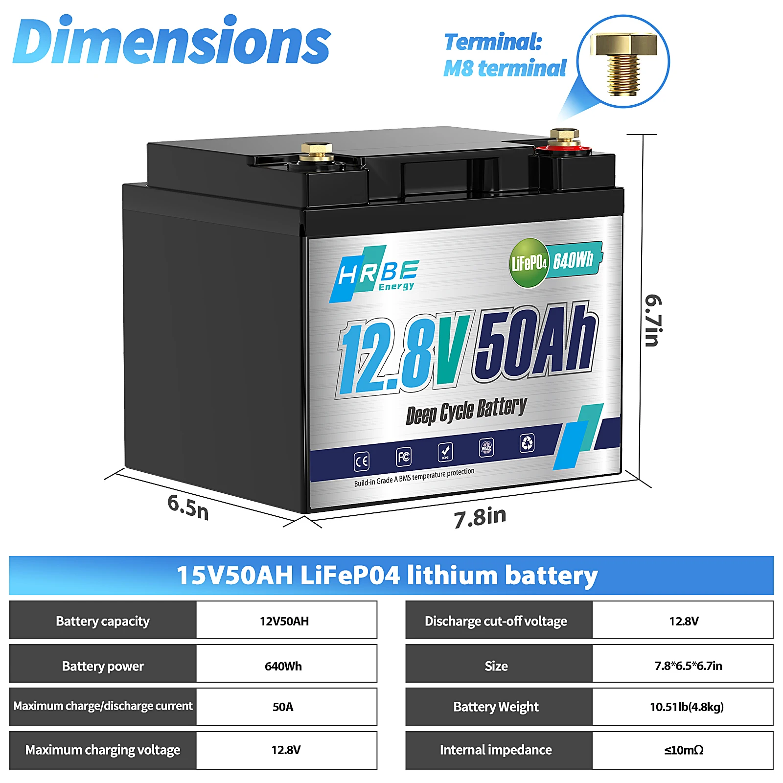 HRBEEnergy 12V 50AH LiFePO4 Batteriepack 50A BMS 4000+ Zyklen für Heimenergie, Wohnmobile, Trolling-Motoren, Marine, Solar, Off-Grid-Batterie