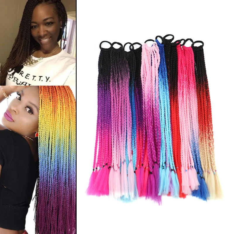 

24" Hair Color Gradient Rainbow Dirty Braided Ponytail Women Elastic Hair Band Rubber Band Hair Accessories Wig Headband 60cm