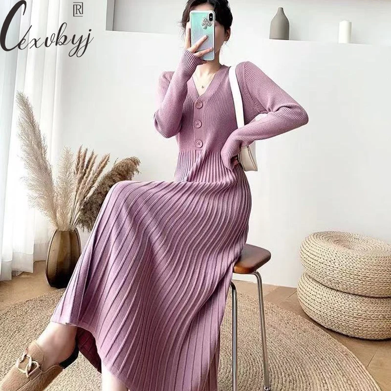 

Elegant Knitted Dress Women Solid Colors V-Neck Sweater Party Dress Autumn Winter Slim Waist French Long Sleeve Pleated Dress