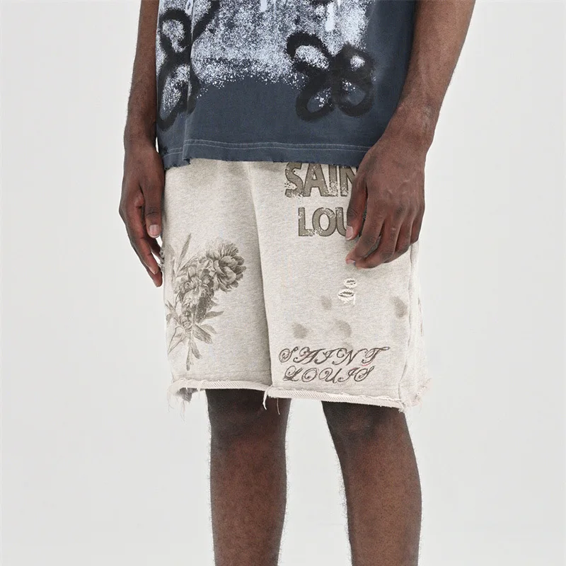 Hip Hop Washed Do Old Damaged Graffiti Saint Louis Shorts Men Woman 1:1 Vintage Cotton Casual Drawstring Joggers Breeches