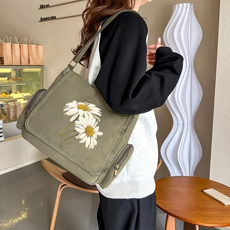 New Large Capacity Women's Vintage Shoulder Bag White Daisy Floral Printed Crossbody Bag For Women Laptop Canvas Bag