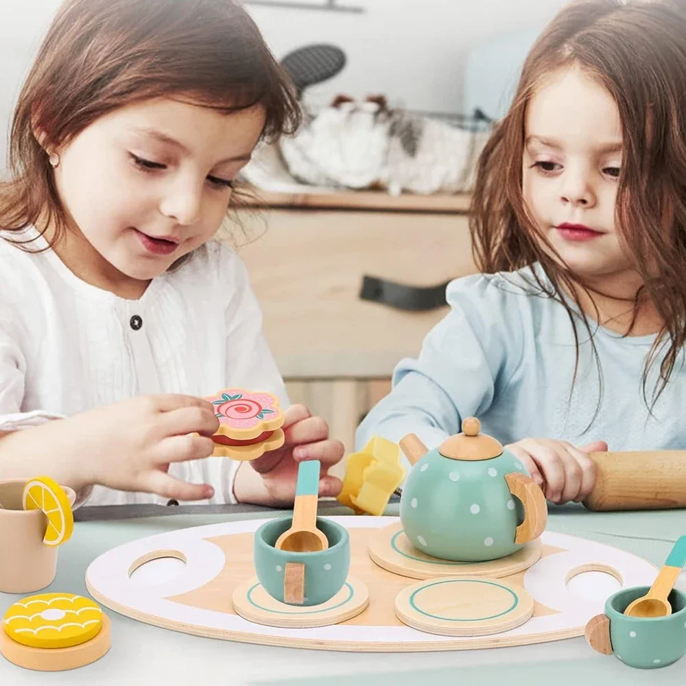 15pcs Wooden Tea Toys Pretend Play Kitchen Accessories Food Playset for Kids Role Play Game for Toddlers Girls Boys Gifts 2