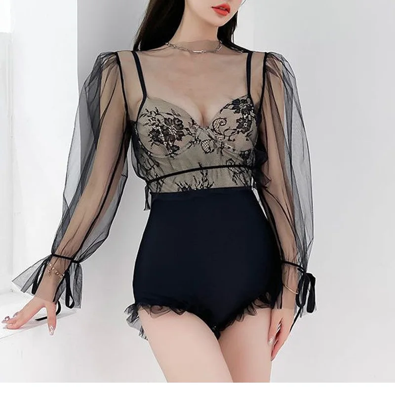 2023 New Summer Fashion Sexy High Waist Covering Belly Mesh Long Sleeve Sunscreen Pure Desire Hot Spring Swimming Bikini Set