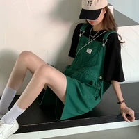 SML Summer korean preppy style Jumpsuit Denim Overalls Casual Girls Green Straight Jeans Shorts womens (78687)
