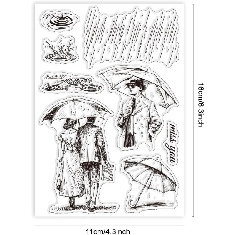 Clear Stamps Clear Rubber Stamps 1pc Umbrella Man and Woman Clear Stamps Rainy Day Clear Rubber Stamps Water Drop Silicone for DIY 6.3x4.33inch