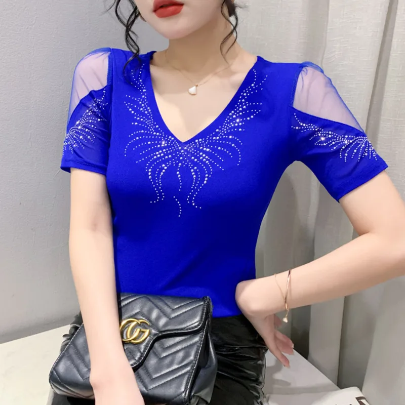 

#6123 Summer Black Red Off Shoulder T Shirt Women V-neck Thin Hollow Out Skinny Tshirt Female Diamonds Stretch Mesh Top Slim