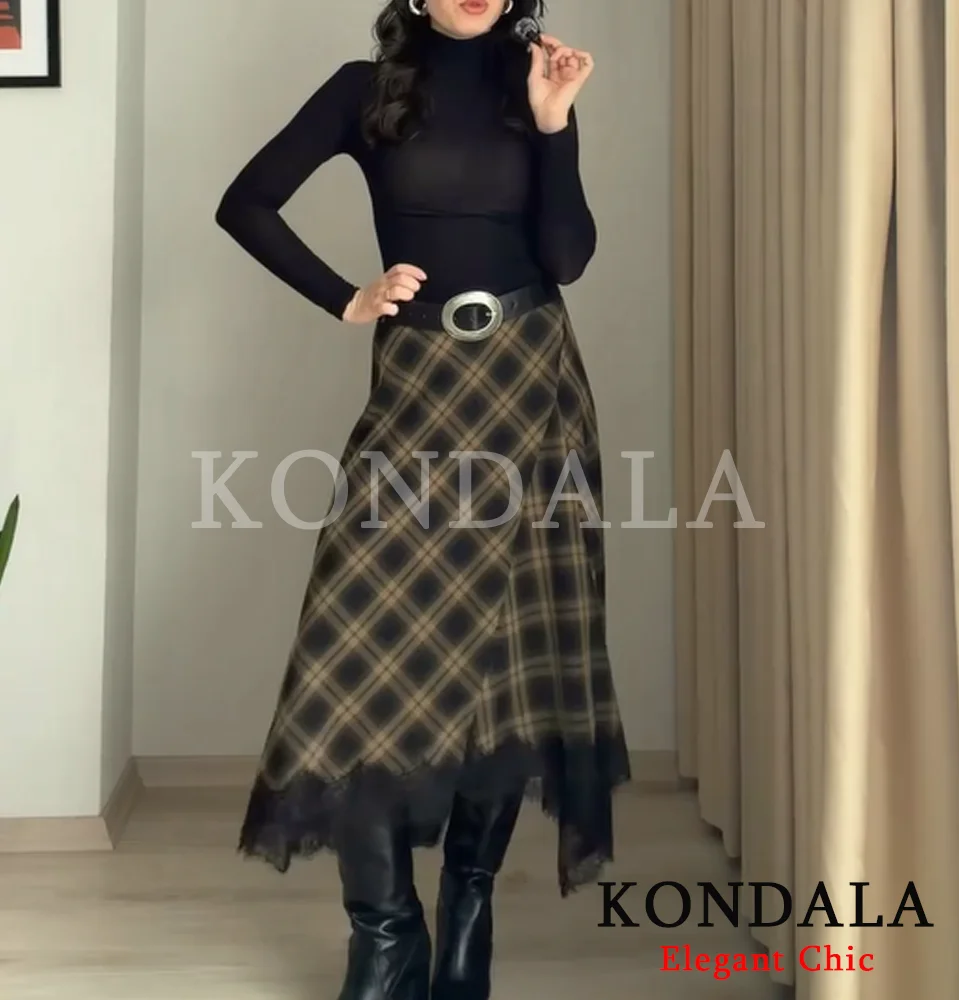 KONDALA Vintage Chic Damen Midi-Rock Karierter Spitzenrock Lang Neuer 2026 Frühling Sommer Eleganter Büro- und Dinner-Party Damenrock – Detail 3