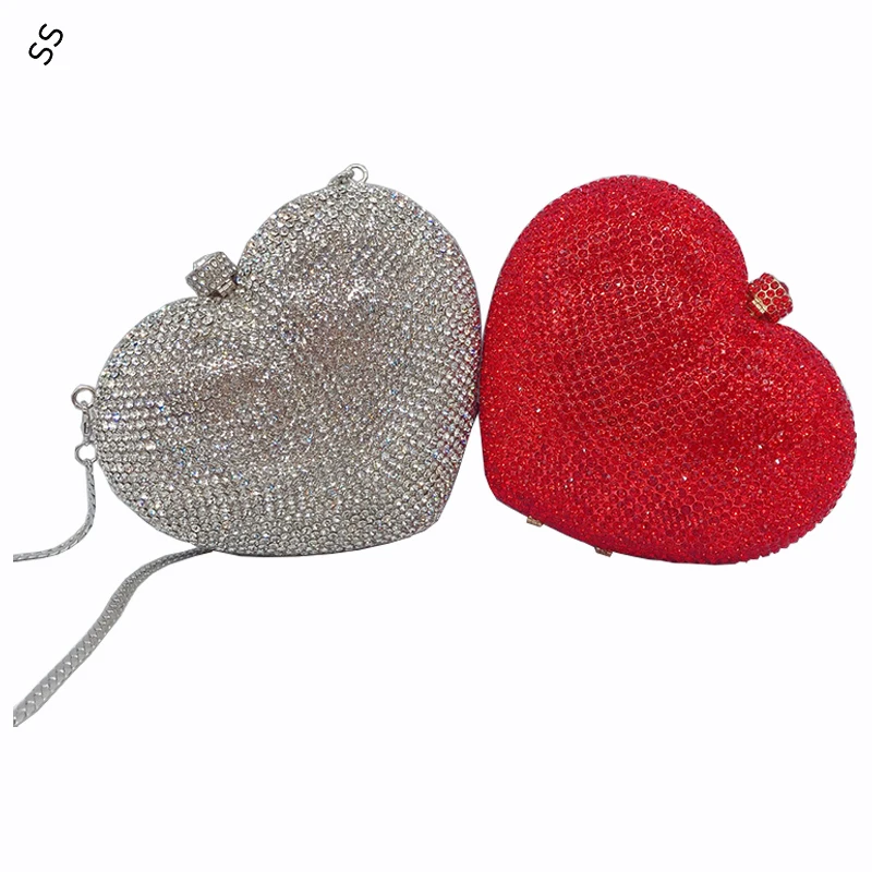 Metal Chain Inlaid Full Rhinestone Diamond Red Heart Style Handbag Women's Fashion Hard-shell Clutch Bags for Party's Purse