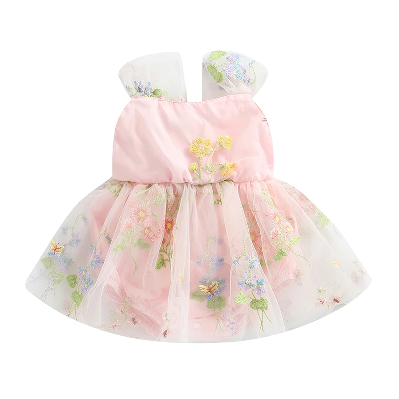 

0-24M Baby Girl Princess Romper Dress Sleeveless Floral Embroidery Lace Mesh Backless Bowknot Jumpsuit