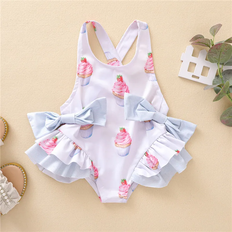 

6M-5Y Cute Toddler Baby Girls Ruffle Swimsuit Sweet Bow Cake Pattern Backless Suspender Swimwear Summer Bathing Suit