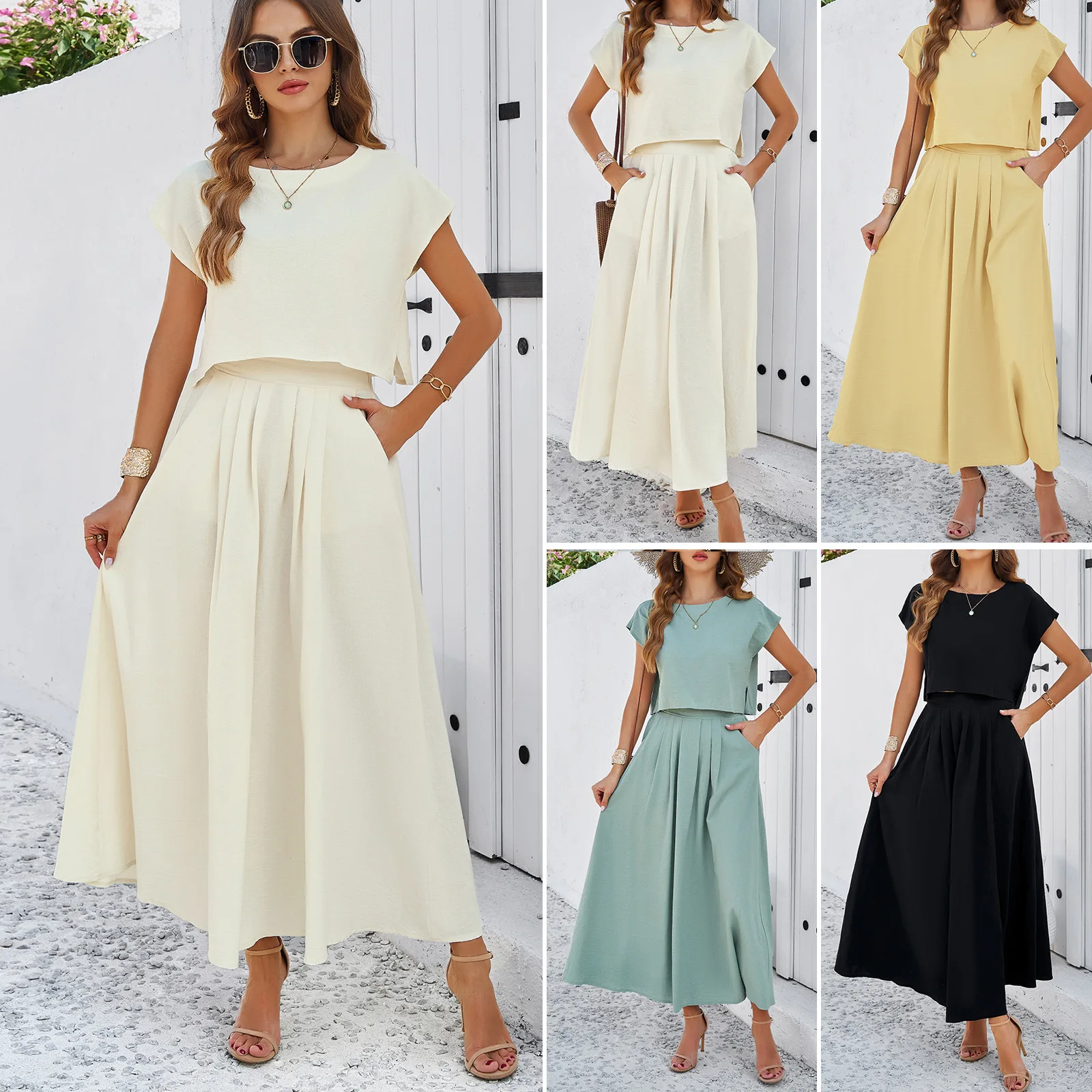 High Quality Women Clothing 2024 Spring Summer Casual Sleeveless Top Pleated Long Skirt Set Vintage Bandage Skirts Maxi Fashion