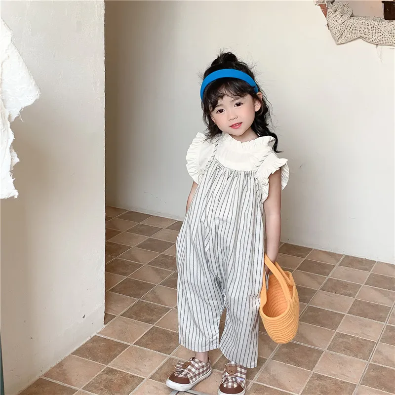 

New Japanese Style Summer Baby Girls Overalls Pants Striped Cotton Strapless Loose Style Kids Casual Clothes