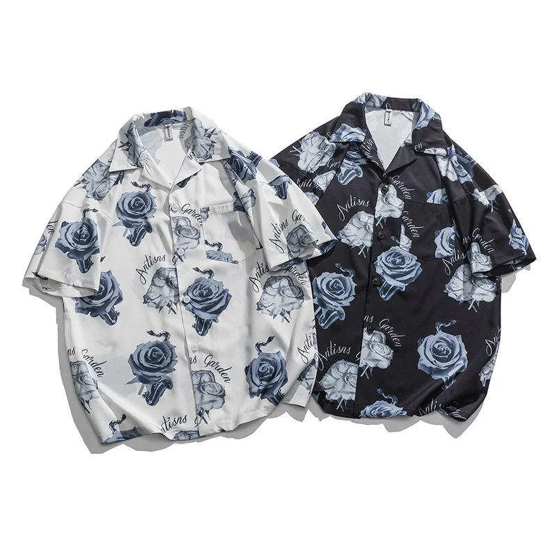

Short-sleeved Beach Shirts For Men Casual All-match Fashion Rose Printed Tops Thin Trendy Lapel Men's Clothing Summer