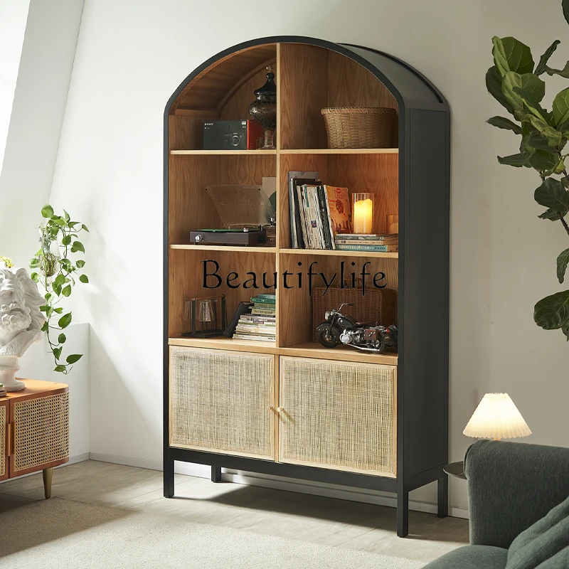 

Nordic Bookshelf Vintage Rattan Storage Rack Living Room Floor Solid Wood Display Cabinet Wall Locker