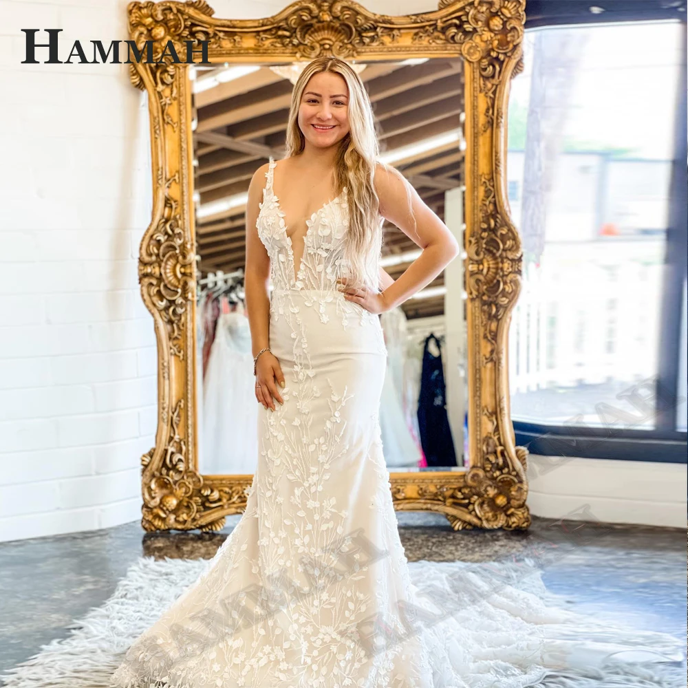 

HAMMAH Trumpet Deep V Neck Wedding Dresses Fairytale Appliques Tank Sleeveless Lacing Up Princess Sweep Train Custom Made