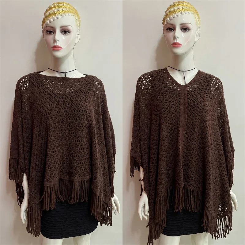 2022 Spring Hanging Dyed Shawl  Tassels On Four Sides Gradient Color Wavy Pattern Loose Large Knitted Hollow Pullover Coffee велошлем alpina 2022 croot mips coffee grey matt a9766 31