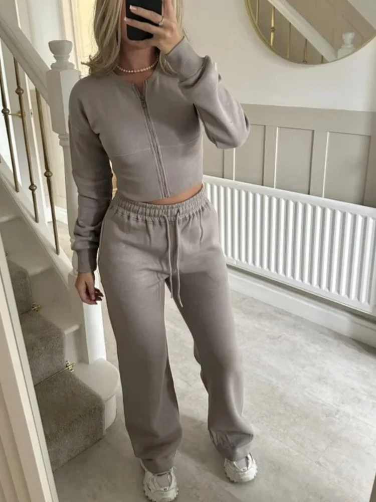 Women's Casual Sports Two-piece Set Autumn And Winter New Fashion Long-sleeved Zipper Cardigan Slim Top With Straight Pants Suit 5