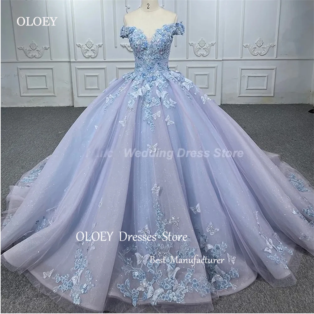OLOEY przepiękny brokat 15 Quinceanera sukienki z odkrytymi ramionami z dekoltem w szpic motyle w linii Bling tiul sukienka na przyjęcie urodzinowe