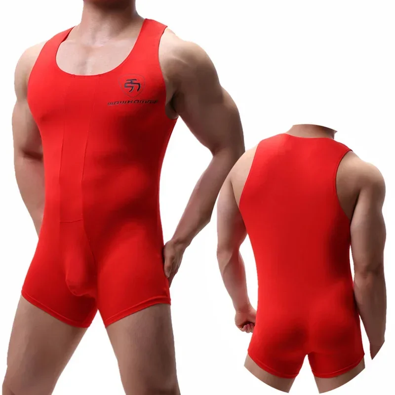 Sexy Men Slim Undershirts Wrestling Singlet One-Piece Leotards Sports Bodysuits Seamless Jumpsuits Bulge Pouch Underwear Rompers