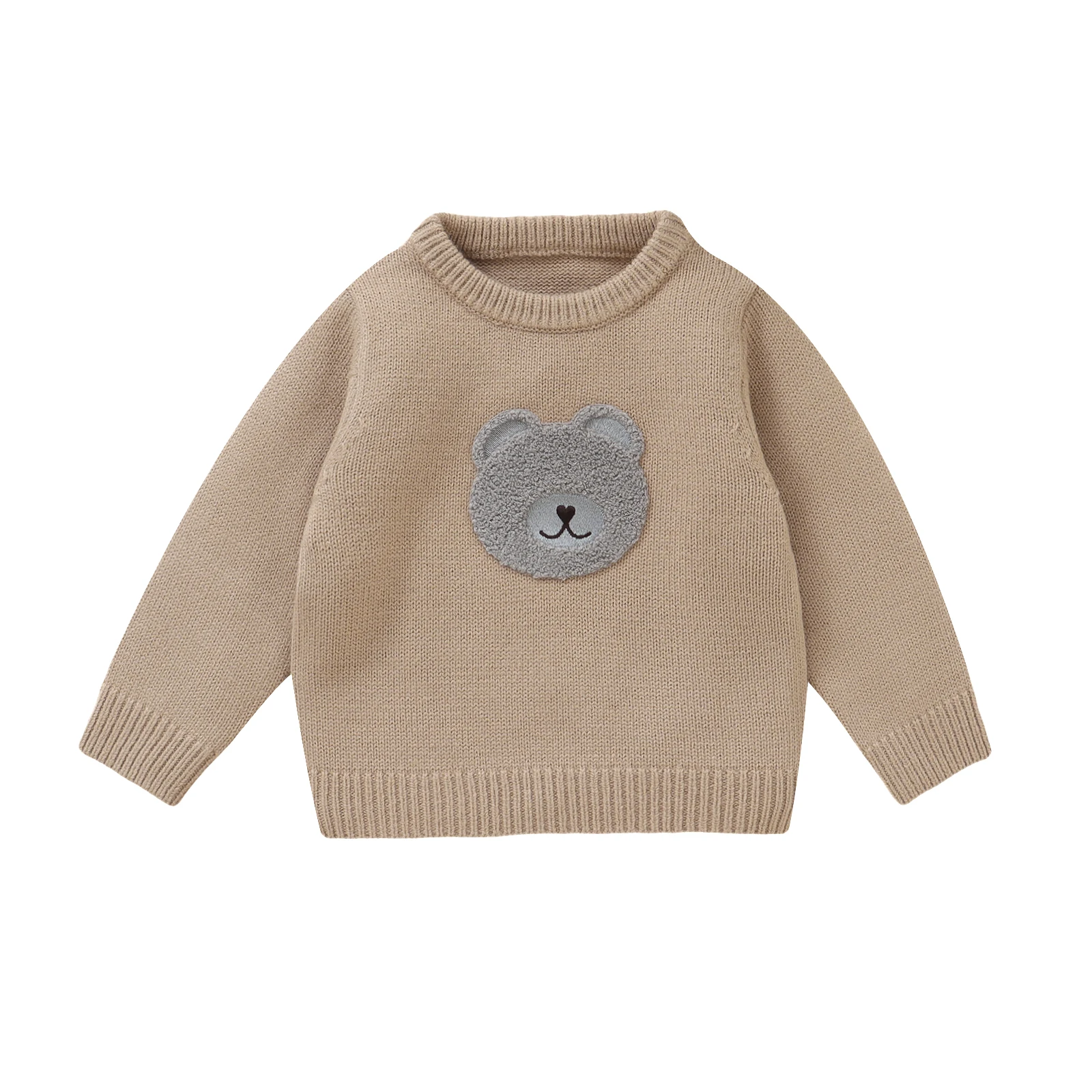 Baby Boy Girl Knit Sweater Bear Embroidery Crew Neck Long Sleeve Pullover Tops for Fall Winter 0-3 Years