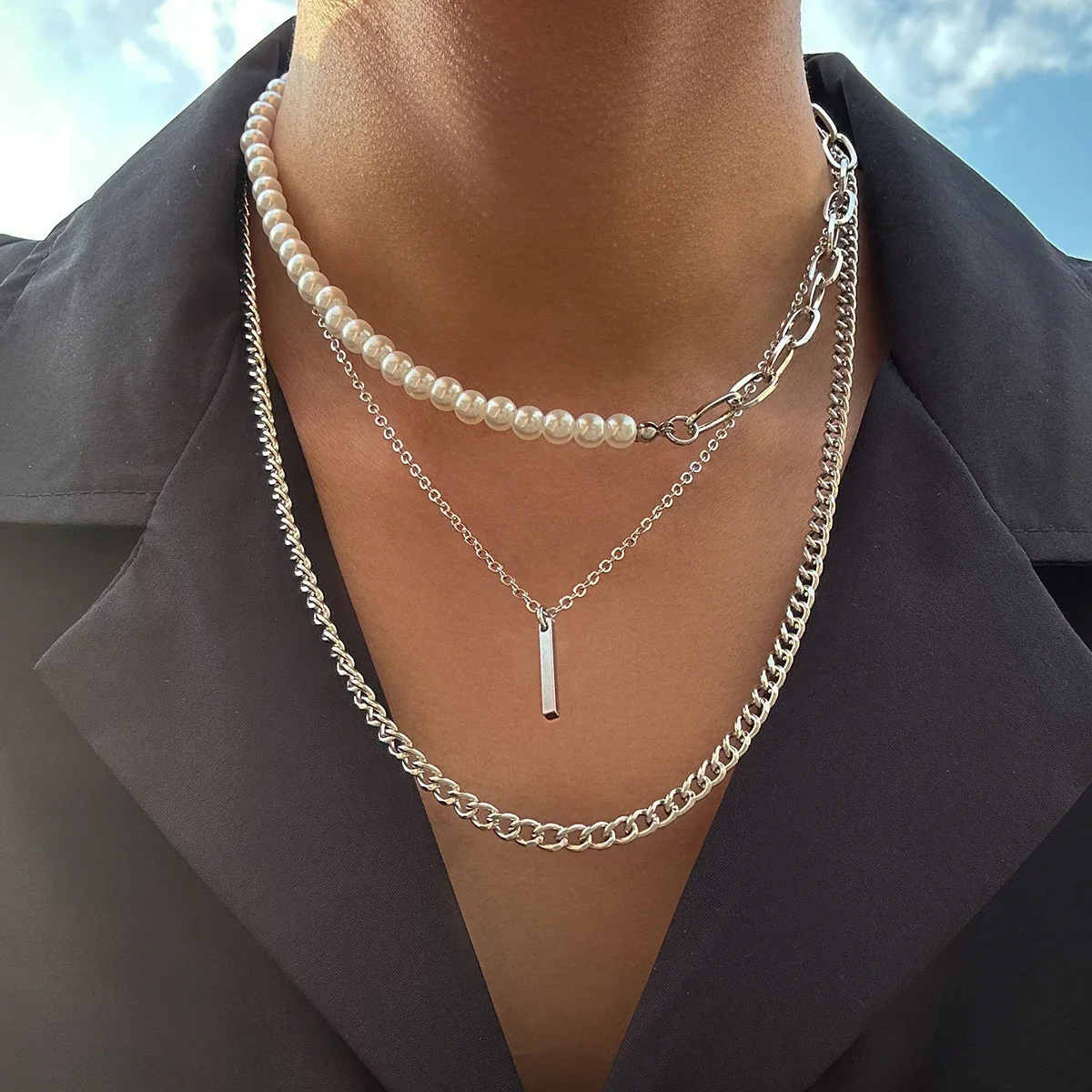 

*KunJoe Classic Geometric Stick Pendant Necklace for Men Punk Half Imitation Pearl Cuban Link Chain Choker Necklace Party Jewelr