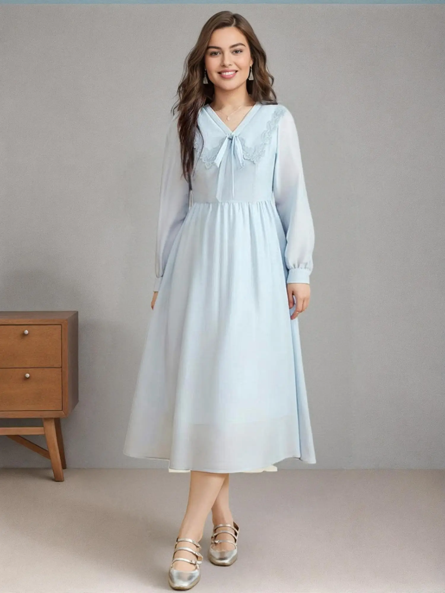 DUSHU Women Spring Long Dresses Blue Sweet Female Peter Pan Collar Long Sleeve Dress 2025 A-LINE Commuter Dress 25DS81230 1