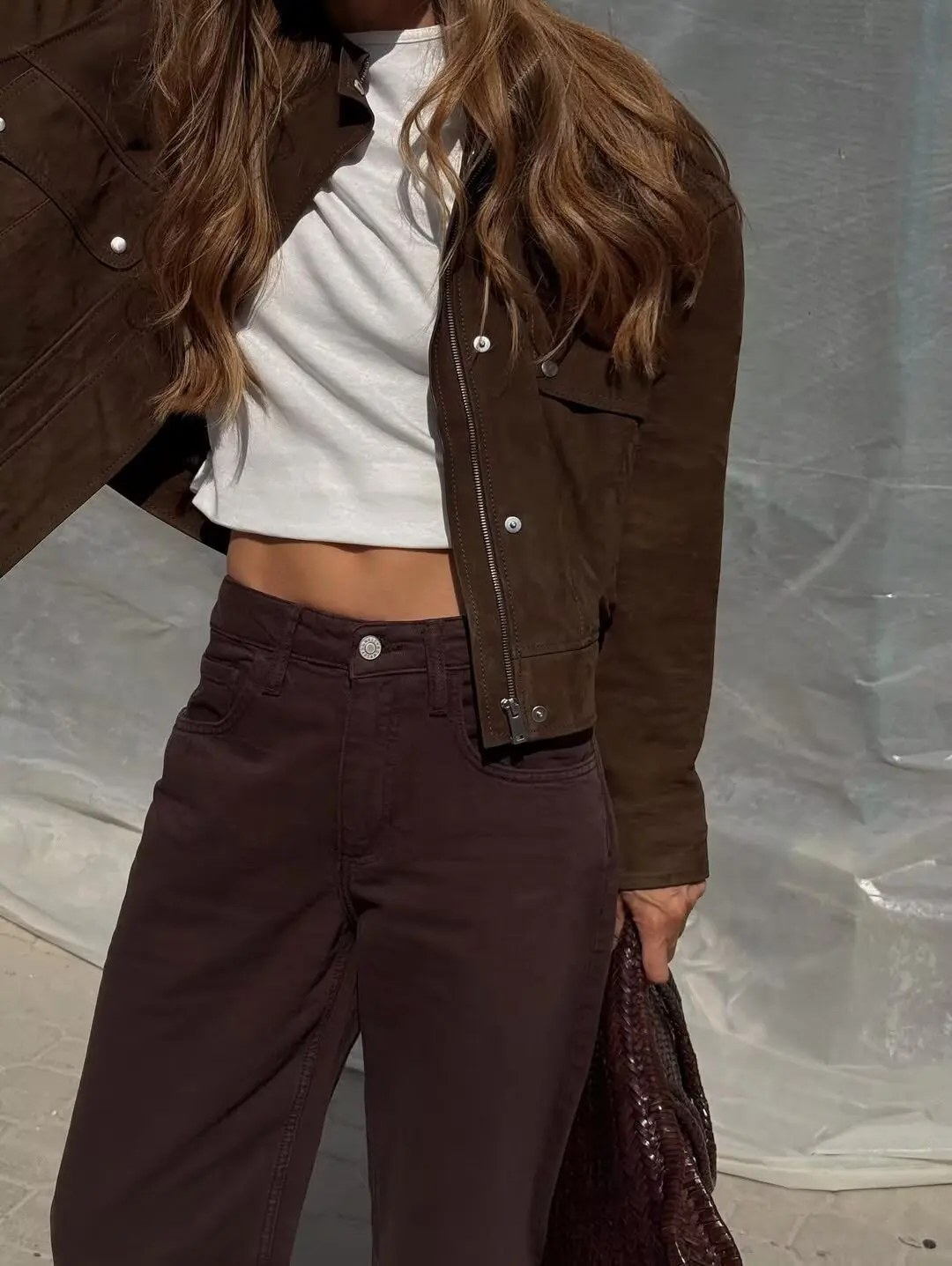 Tidalyf 2025 femmes Faux daim veste col montant à manches longues poche décorative ourlet élastique décontracté Chic automne manteau