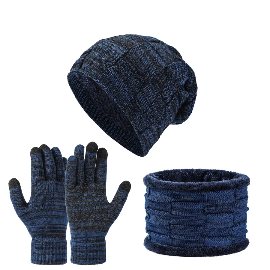 Unisex Autumn Winter Warm Soft Fleece-lined Knitted Hat Scarves Touch Screen Gloves 3-Piece Set