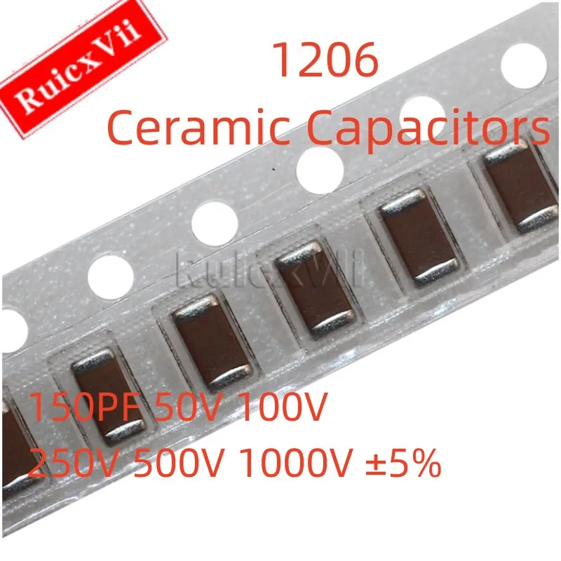 

(50 шт.) 1206 150PF 50 в 100 в 250 в 500 в 1000 В ± 5% 151J COG 3216 SMD керамические конденсаторы
