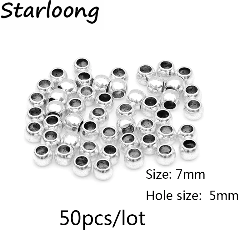 

50pcs/lot zinc alloy antique vintage silver plated round big hole charm spacer beads DIY jewelry making for necklace bracelet